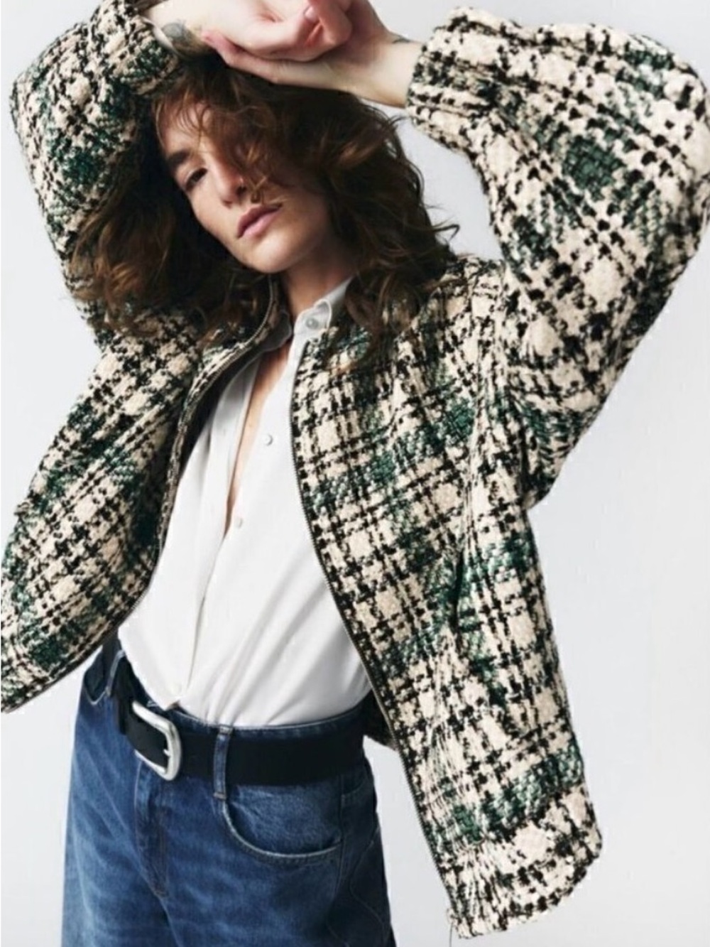 Zara White, Green & Black Plaid Tweed Bomber Jacket